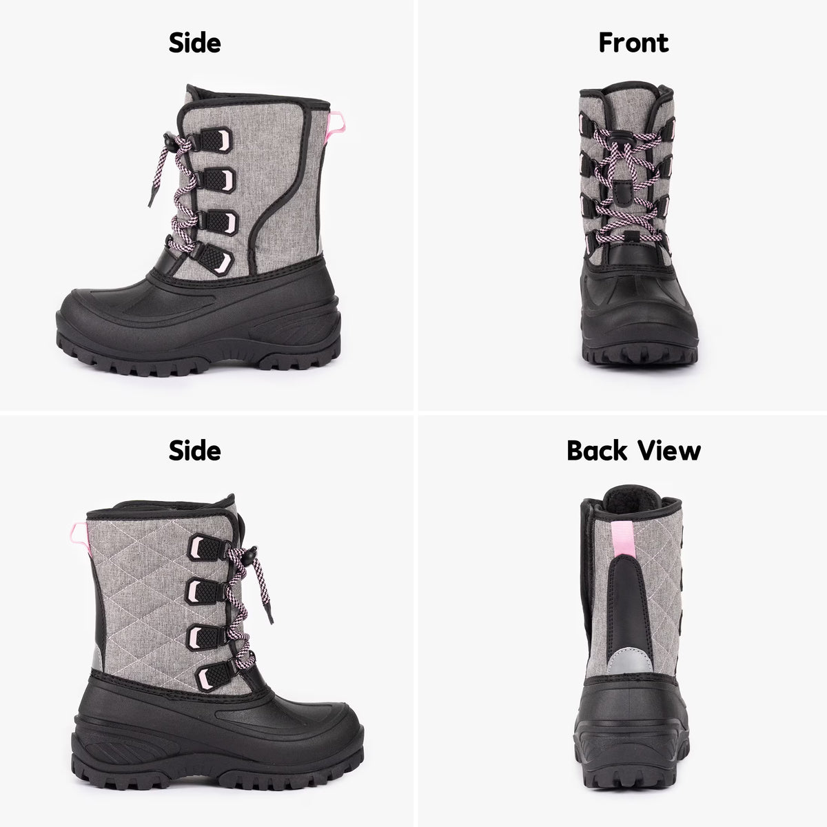 NIPAXO Girls Snow Boots Waterproof Winter Boots Grey Quilted Fabric Upper Pink Speckled Bungee Lacing Outdoor Winter Boots for Kids