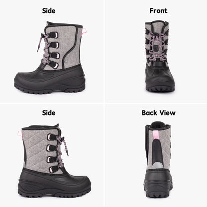 NIPAXO Girls Snow Boots Waterproof Winter Boots Grey Quilted Fabric Upper Pink Speckled Bungee Lacing Outdoor Winter Boots for Kids
