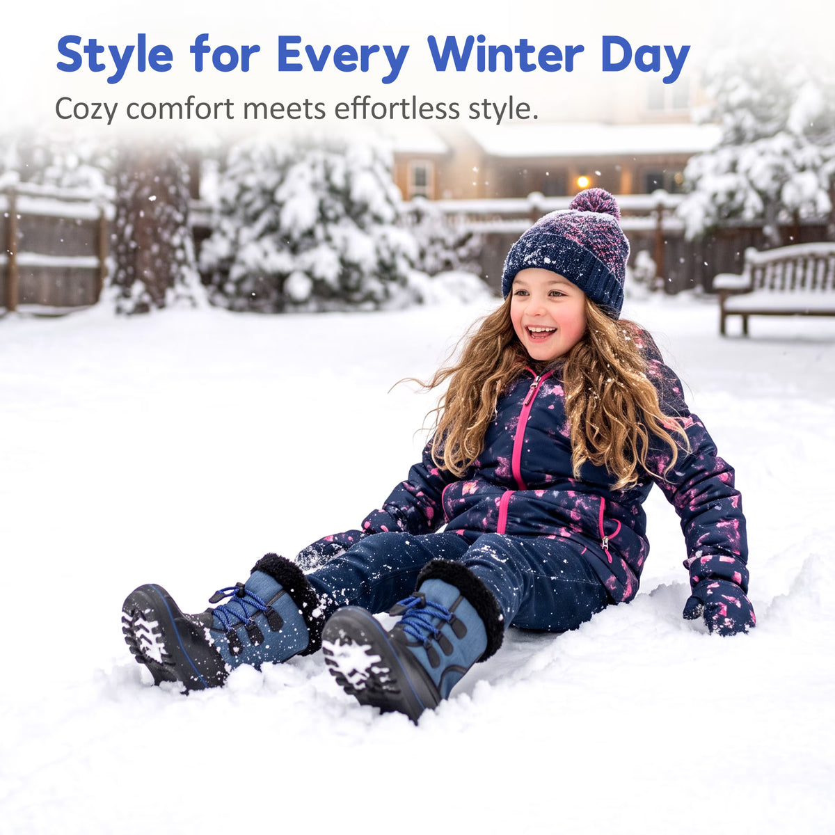 NIPAXO Kids Snow Boots Waterproof Winter Boots Blue Fabric Upper Faux Fur Cuff Slip Resistant Outdoor Winter Boots for Boys Girls