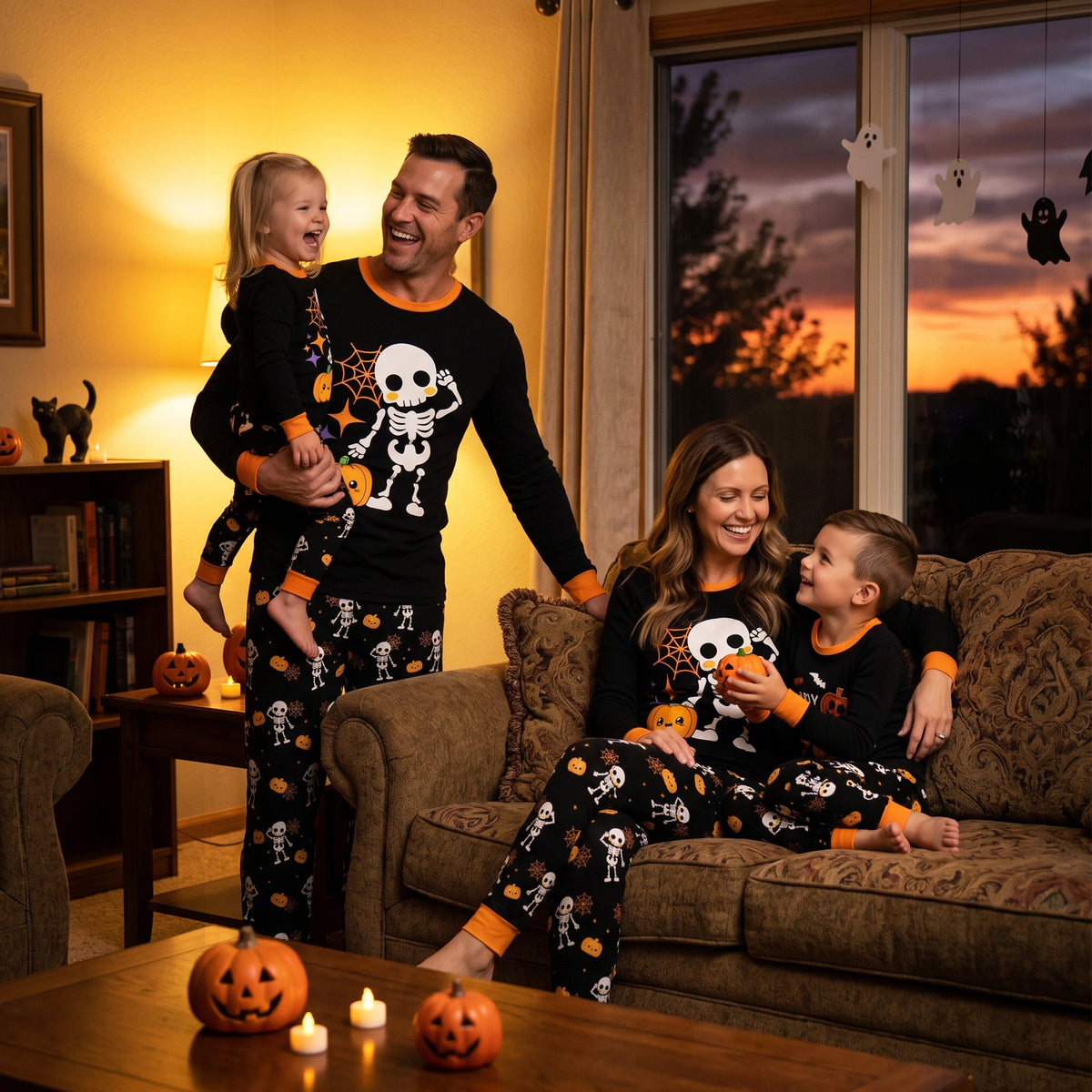 NIPAXO Family Matching Halloween Pajamas Set - Spooky Cute Skeleton & Pumpkin Graphic Long Sleeve Sleepwear for Adults, Kids