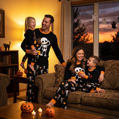 NIPAXO Family Matching Halloween Pajamas Set - Spooky Cute Skeleton & Pumpkin Graphic Long Sleeve Sleepwear for Adults, Kids