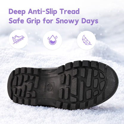 NIPAXO Girls Snow Boots Waterproof Winter Boots Black and Purple Quilted Fabric Upper Bungee Lacing Outdoor Winter Boots for Kids