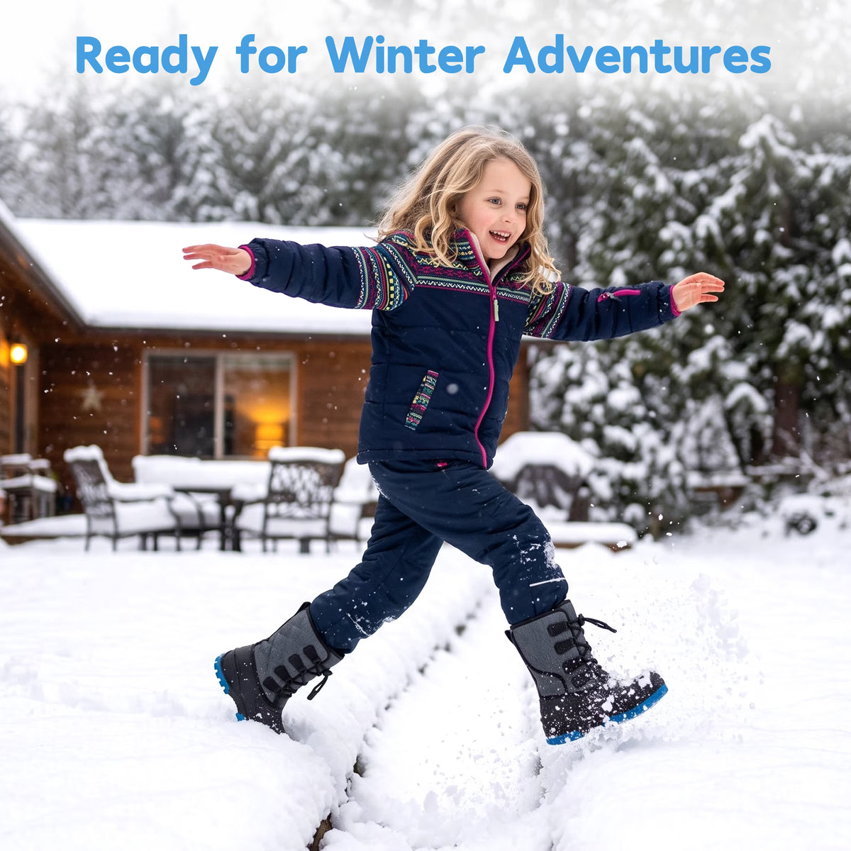 NIPAXO Kids Snow Boots Waterproof Winter Boots Grey and Black Blue Outsole Bungee Lacing Outdoor Cold Weather Shoes for Boys Girls