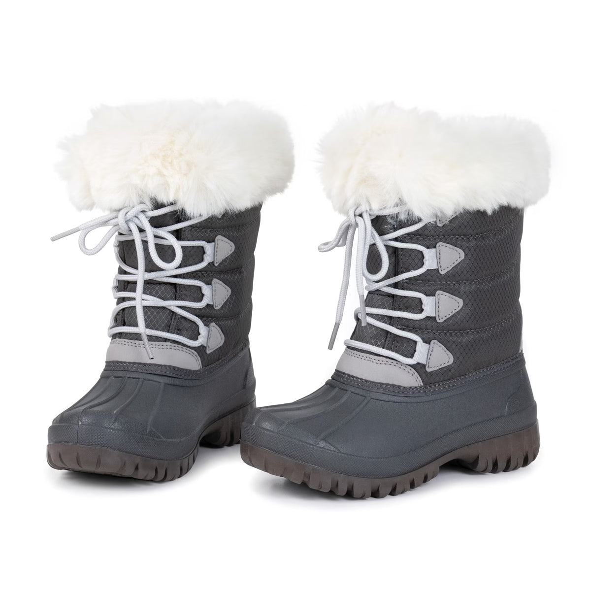 NIPAXO Kids Snow Boots Waterproof Winter Boots Grey Rubber Shell White Faux Fur Collar Classic Lace-Up Winter Boots for Boys Girls
