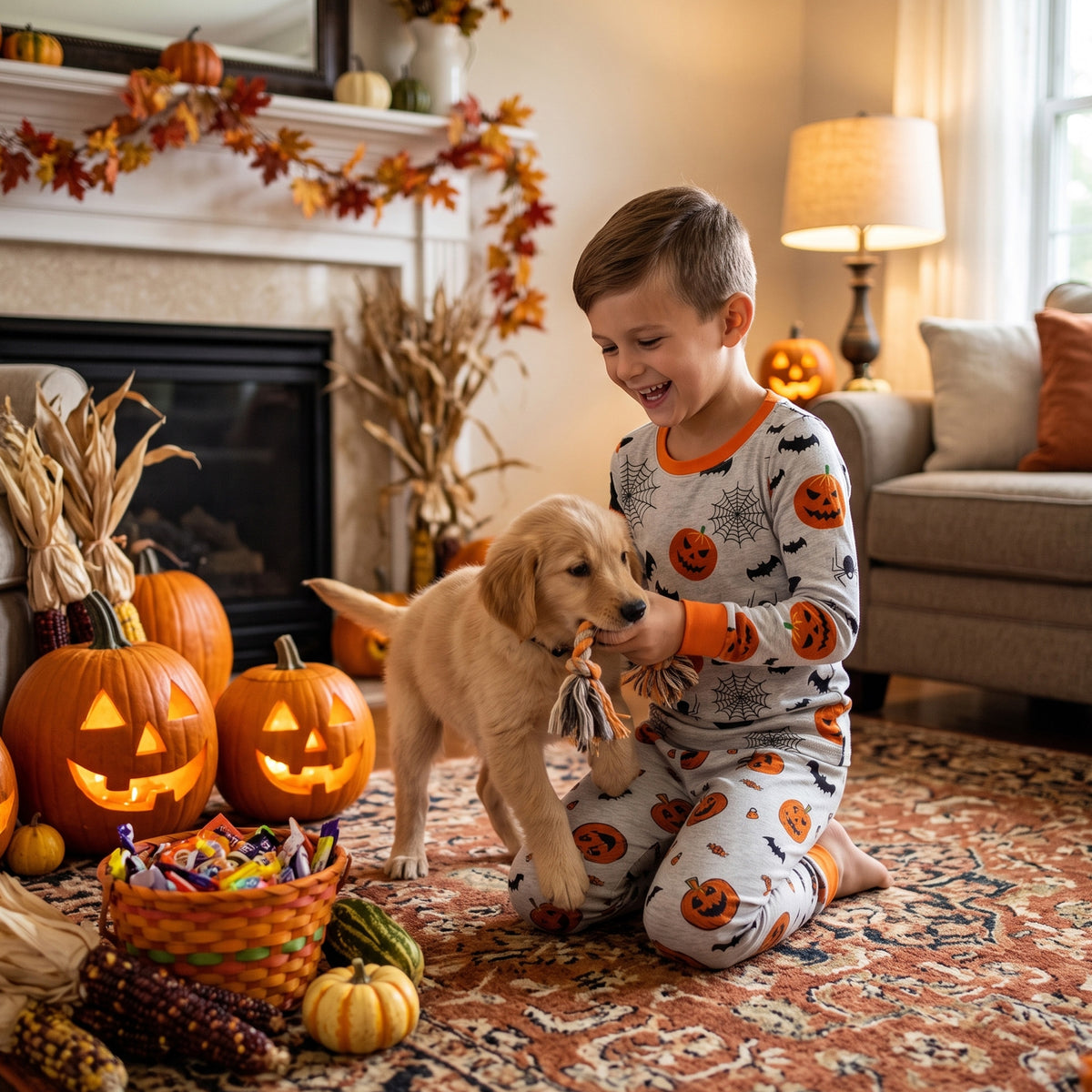 NIPAXO Halloween Boys Pajamas Set,Soft Cotton Long Sleeve Pumpkin Bat Print Ribbed Sleepwear Kids