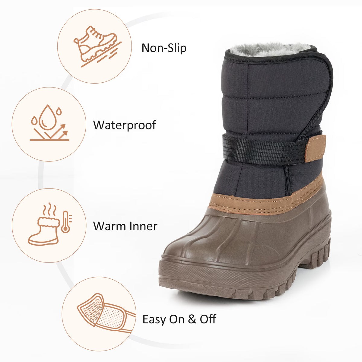 NIPAXO Kids Snow Boots Waterproof Winter Boots Brown and Black Faux Fur Lined Hook and Loop Cold Weather Outdoor Shoes for Boys Girls