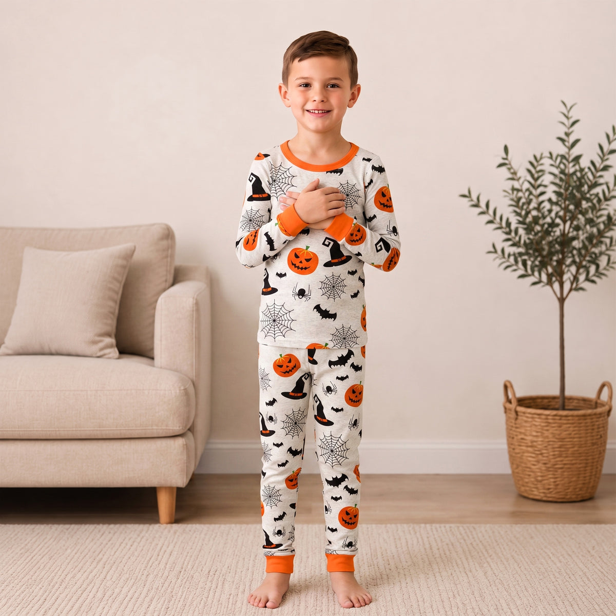 NIPAXO Halloween Boys Pajamas Set,Soft Cotton Long Sleeve Pumpkin Bat Print Ribbed Sleepwear Kids
