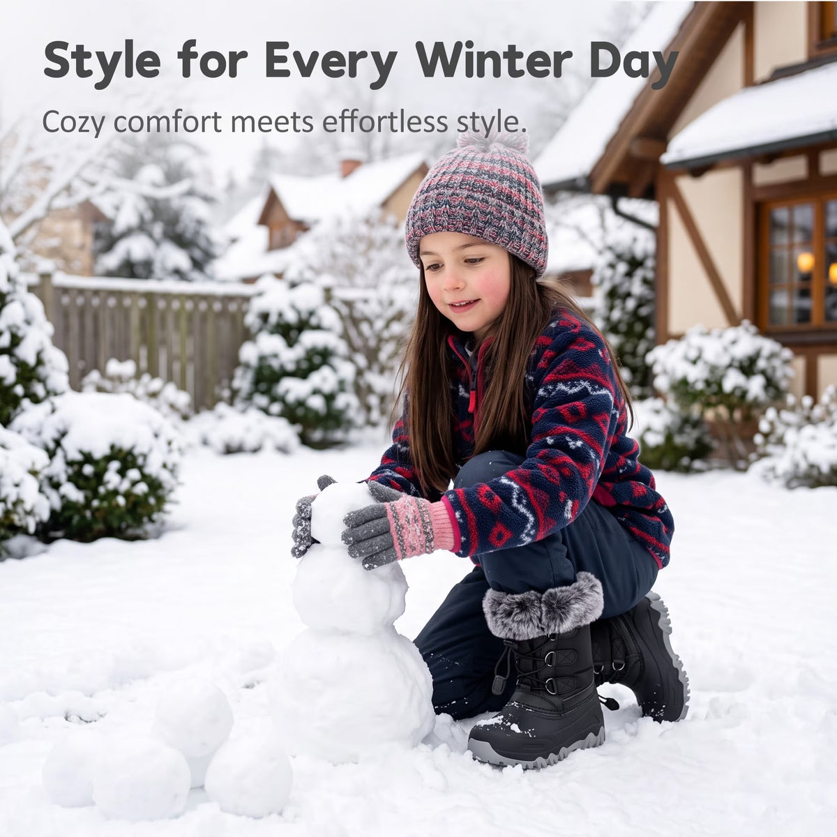 NIPAXO Kids Snow Boots Waterproof Winter Boots All Black Faux Fur Collar Bungee Lacing Outdoor Cold Weather Winter Boots for Boys Girls