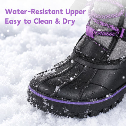 NIPAXO Kids Snow Boots Waterproof Winter Boots Grey and Black Purple Accents Sherpa Collar Bungee Lacing Outdoor Cold Weather Winter Boots for Boys Girls