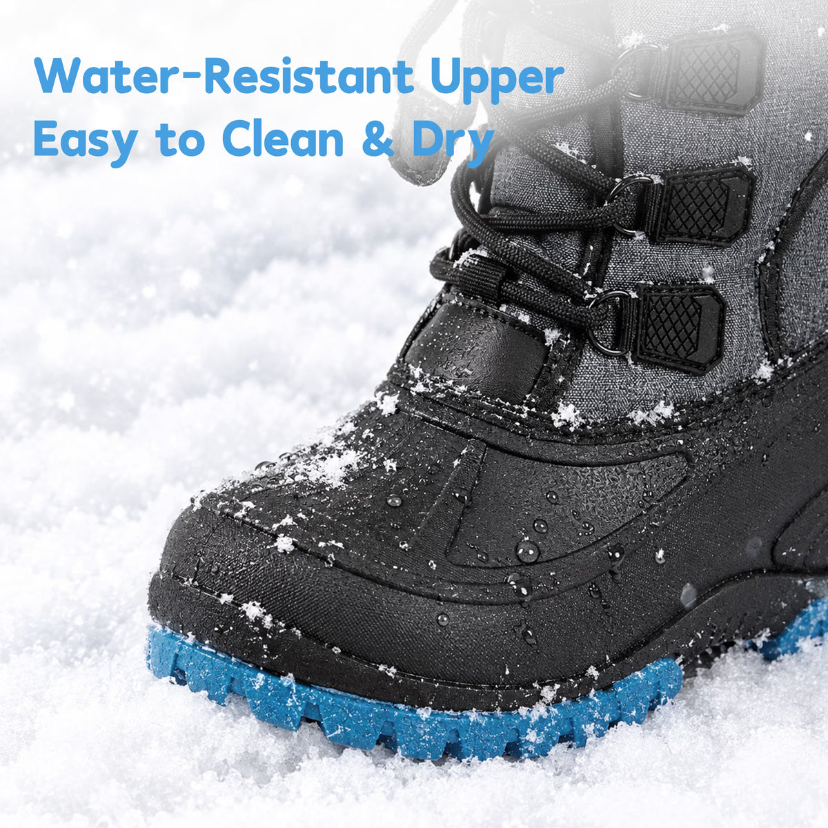 NIPAXO Kids Snow Boots Waterproof Winter Boots Grey and Black Blue Outsole Bungee Lacing Outdoor Cold Weather Shoes for Boys Girls