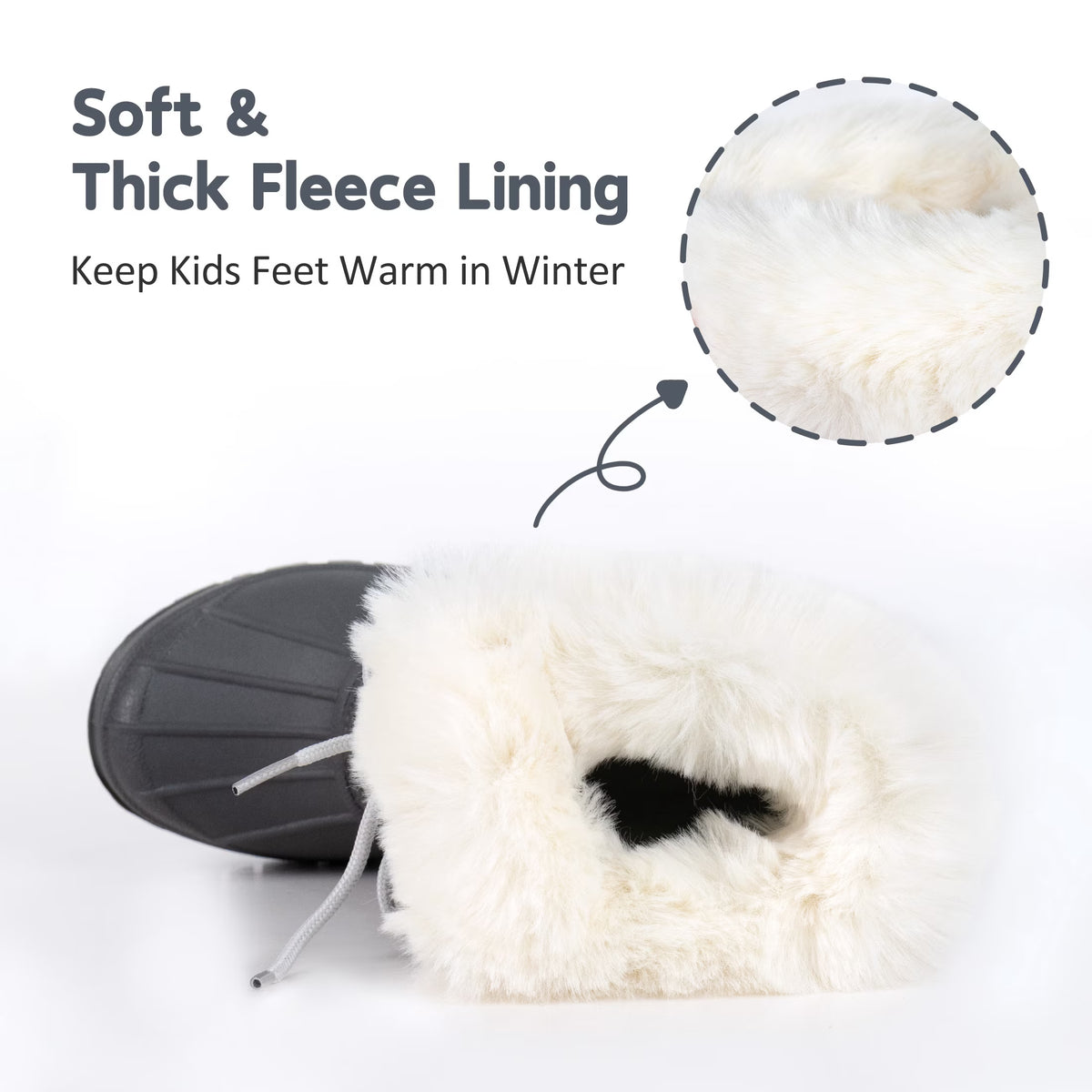 NIPAXO Kids Snow Boots Waterproof Winter Boots Grey Rubber Shell White Faux Fur Collar Classic Lace-Up Winter Boots for Boys Girls