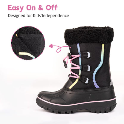 NIPAXO Girls Snow Boots Waterproof Winter Boots Black Rainbow Trim Faux Fur Cuff Slip Resistant Outdoor Winter Boots for Kids