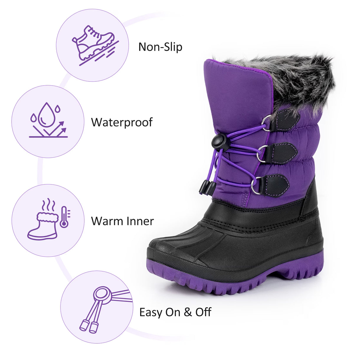 NIPAXO Kids Snow Boots Waterproof Winter Boots Purple and Black Faux Fur Cuff Bungee Lacing Cold Weather Outdoor Shoes for Boys Girls