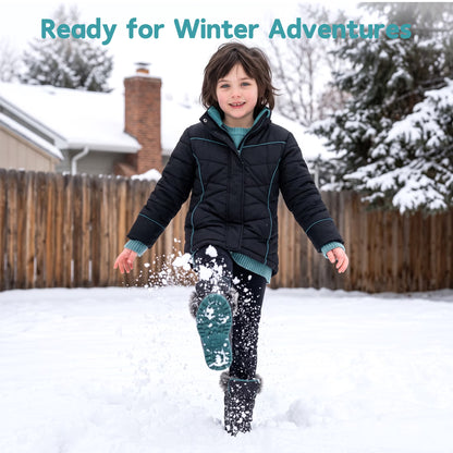 NIPAXO Kids Winter Snow Boots Black and Teal Colorblock Bungee Lacing Waterproof Outdoor Shoes for Boys Girls