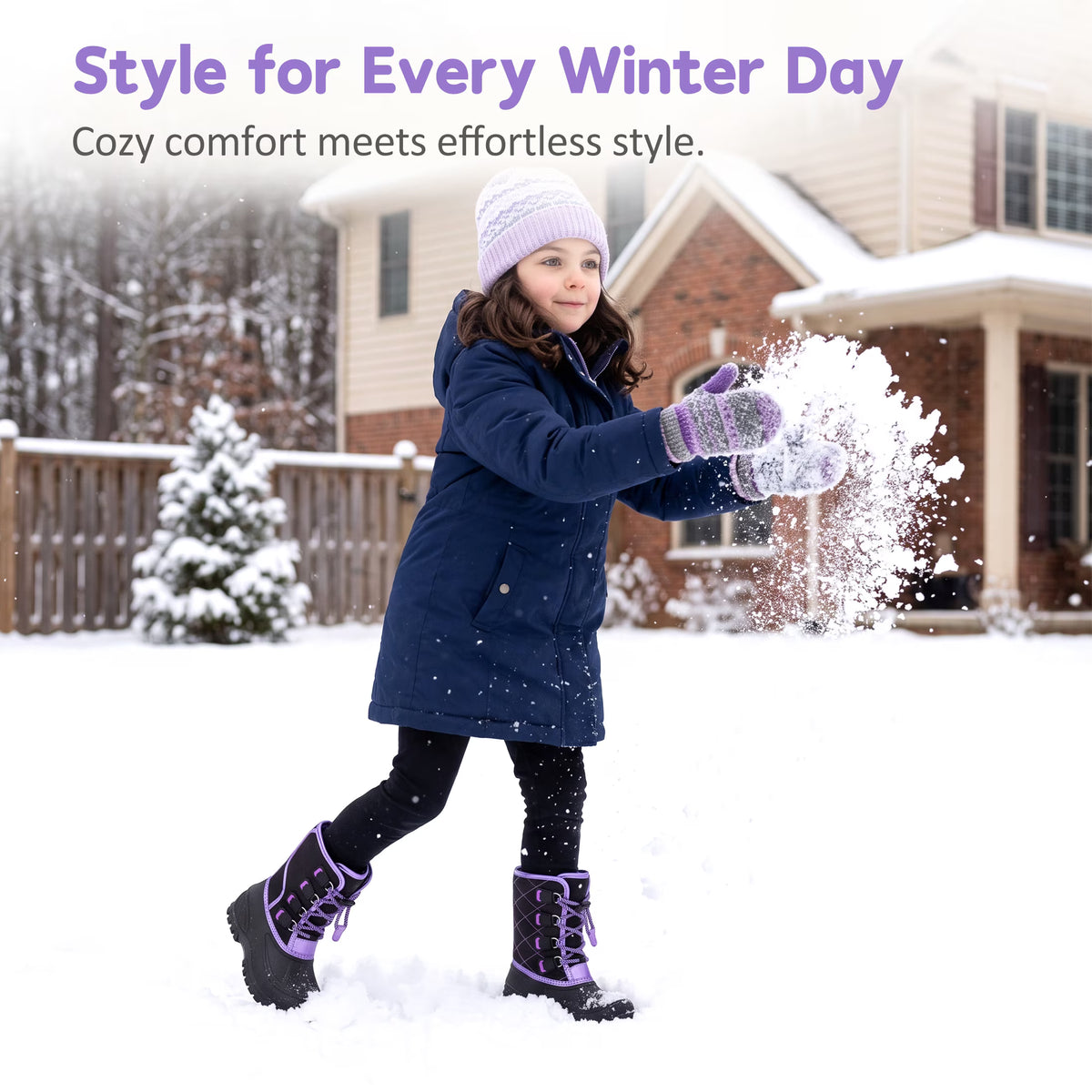 NIPAXO Girls Snow Boots Waterproof Winter Boots Black and Purple Quilted Fabric Upper Bungee Lacing Outdoor Winter Boots for Kids