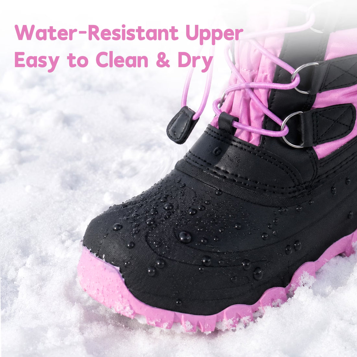 NIPAXO Girls Snow Boots Waterproof Winter Boots Hot Pink and Black Faux Fur Pom-Pom Collar Bungee Lacing Outdoor Winter Boots for Kids
