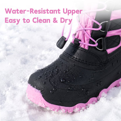 NIPAXO Girls Snow Boots Waterproof Winter Boots Hot Pink and Black Faux Fur Pom-Pom Collar Bungee Lacing Outdoor Winter Boots for Kids