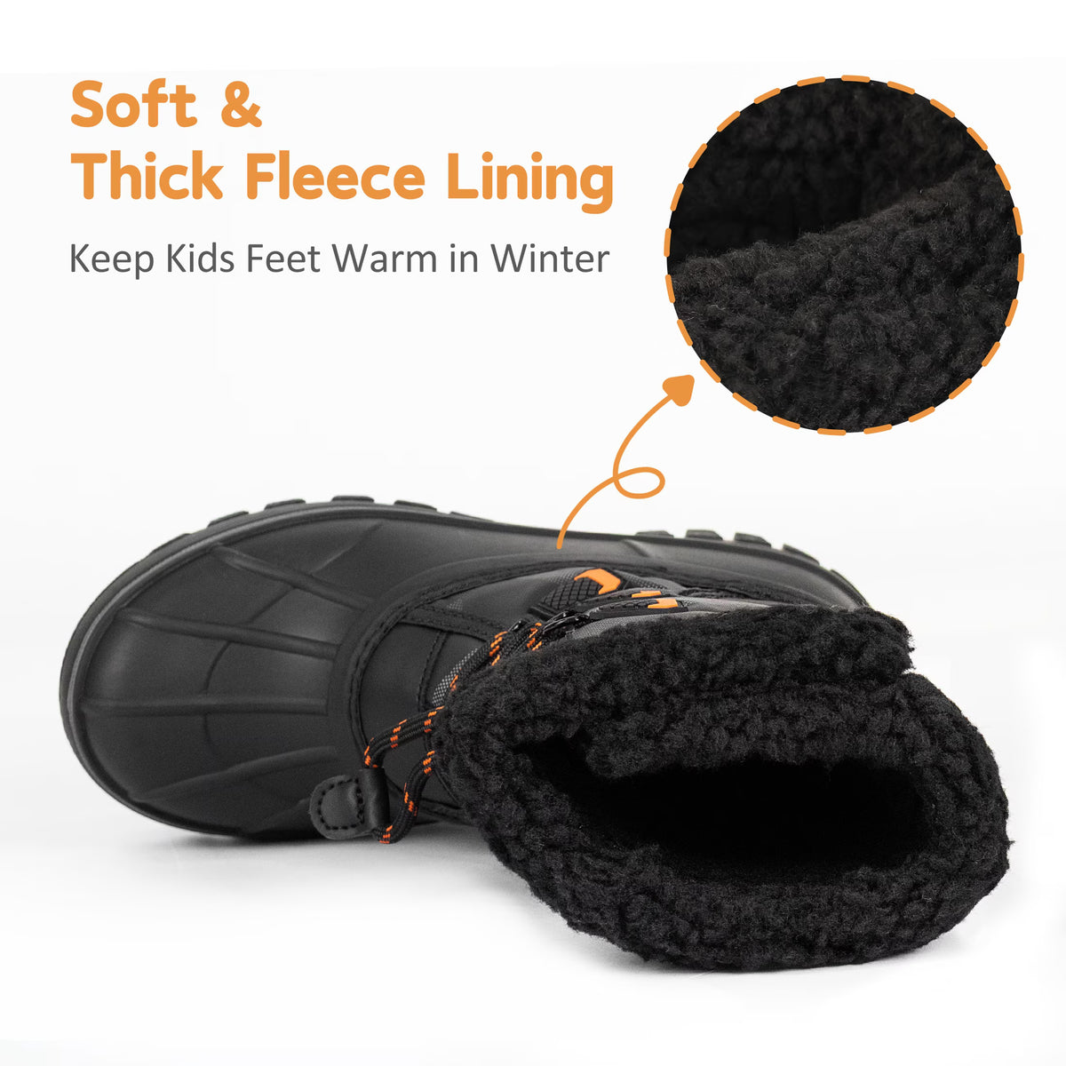 NIPAXO Kids Snow Boots Waterproof Winter Boots Black Camo Orange Accents Sherpa Collar Bungee Lacing Outdoor Cold Weather Winter Boots for Boys Girls