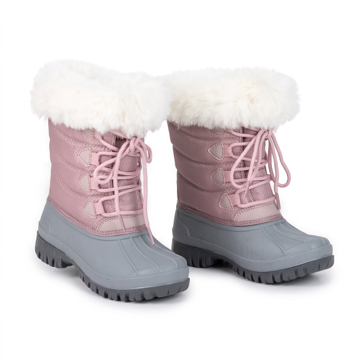 NIPAXO Girls Snow Boots Waterproof Dusty Pink and Grey White Faux Fur Collar Classic Lace-Up Winter Boots for Girls