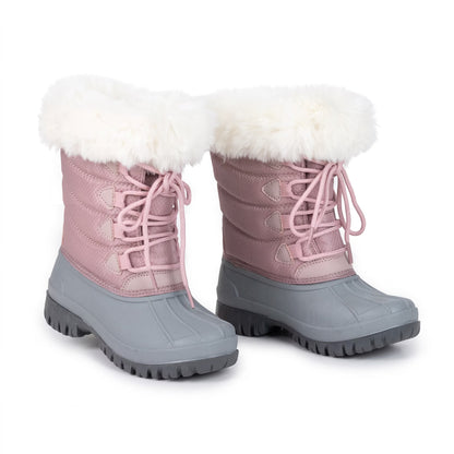 NIPAXO Girls Snow Boots Waterproof Dusty Pink and Grey White Faux Fur Collar Classic Lace-Up Winter Boots for Girls