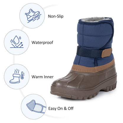 NIPAXO Kids Snow Boots Waterproof Winter Boots Blue and Brown Faux Fur Lined Hook and Loop Cold Weather Outdoor Shoes for Boys Girls