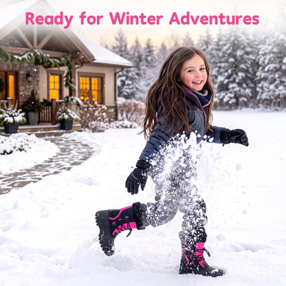 NIPAXO Girls Snow Boots Waterproof Winter Boots Black and Hot Pink Colorblock Faux Fur Trim Outdoor Winter Boots for Kids