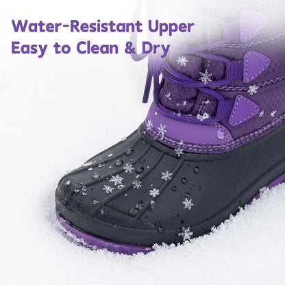 NIPAXO Kids Snow Boots Waterproof Purple and Black White Faux Fur Collar Classic Lace-Up Winter Boots for Boys Girls